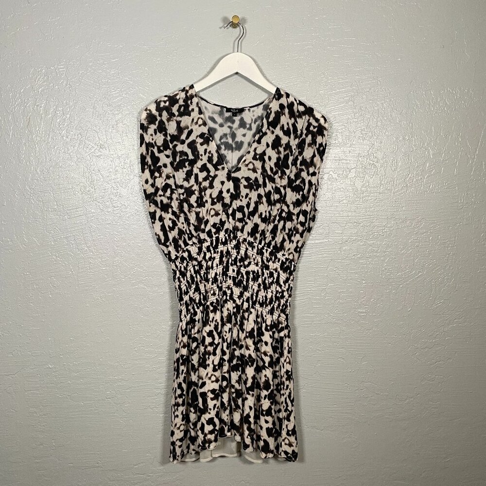 Rails Women L Cream Black Siera Mini Dress Blurred Cheetah Smocked Lined V Neck